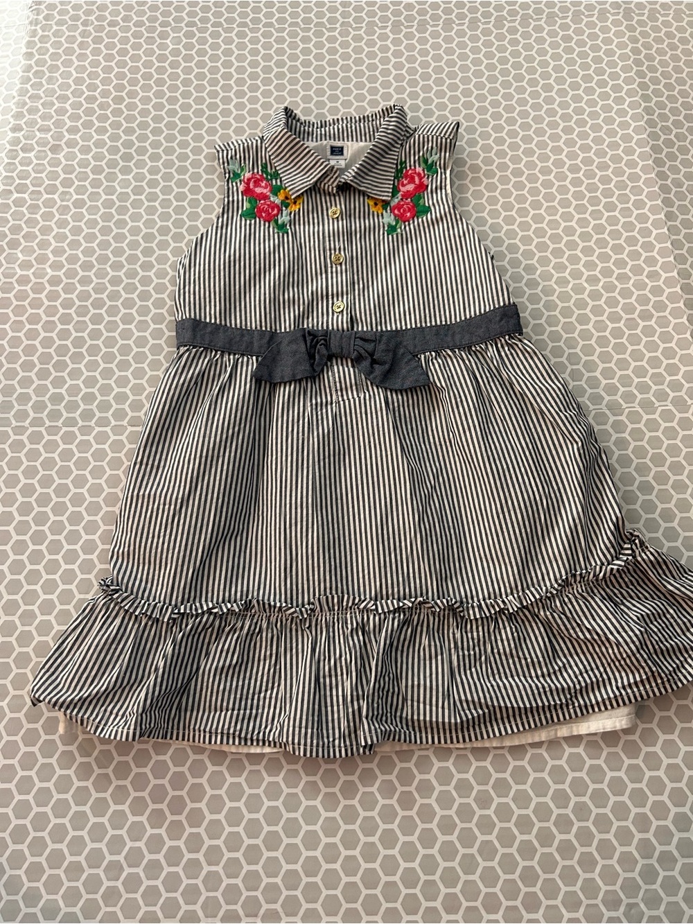 Janie and Jack Navy Striped Dress with Floral Embroidery Bow. 100% Cotton Size 5